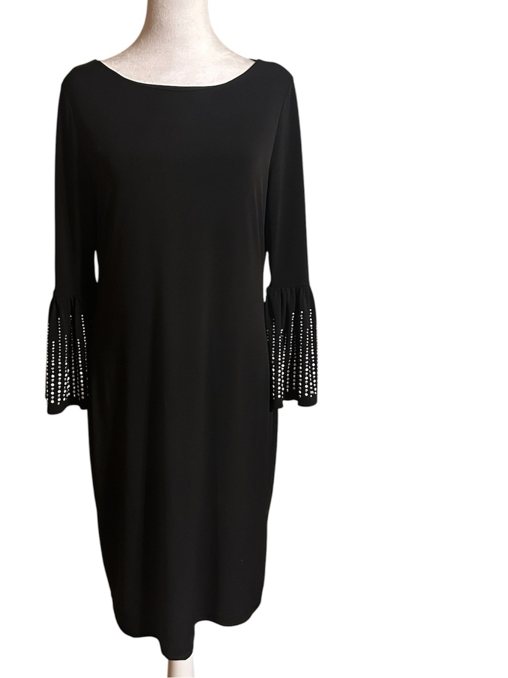 Calvin Klein Black Sheath Dress with Eyelet Bell Sleeves